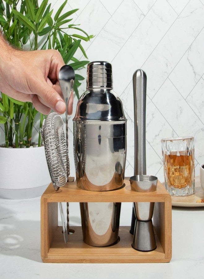 Green Goods طقم خلط كوكتيل فاخر مع حامل من الخيزران، طقم أدوات بار مكون من 4 قطع، طقم بار من الفولاذ المقاوم للصدأ مع شاكر، مكيال، ملعقة خلط، ومصفاة - Image 2